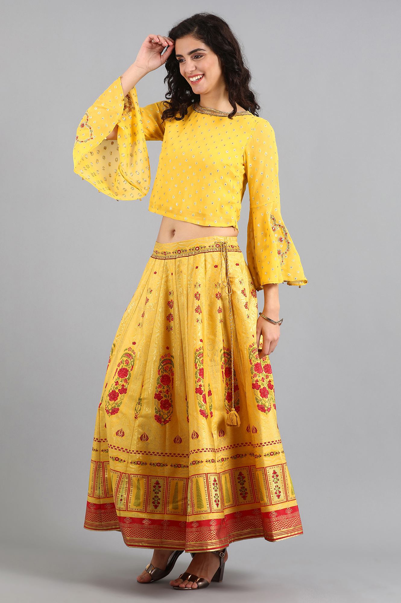 Yellow Round Neck Embellished Set