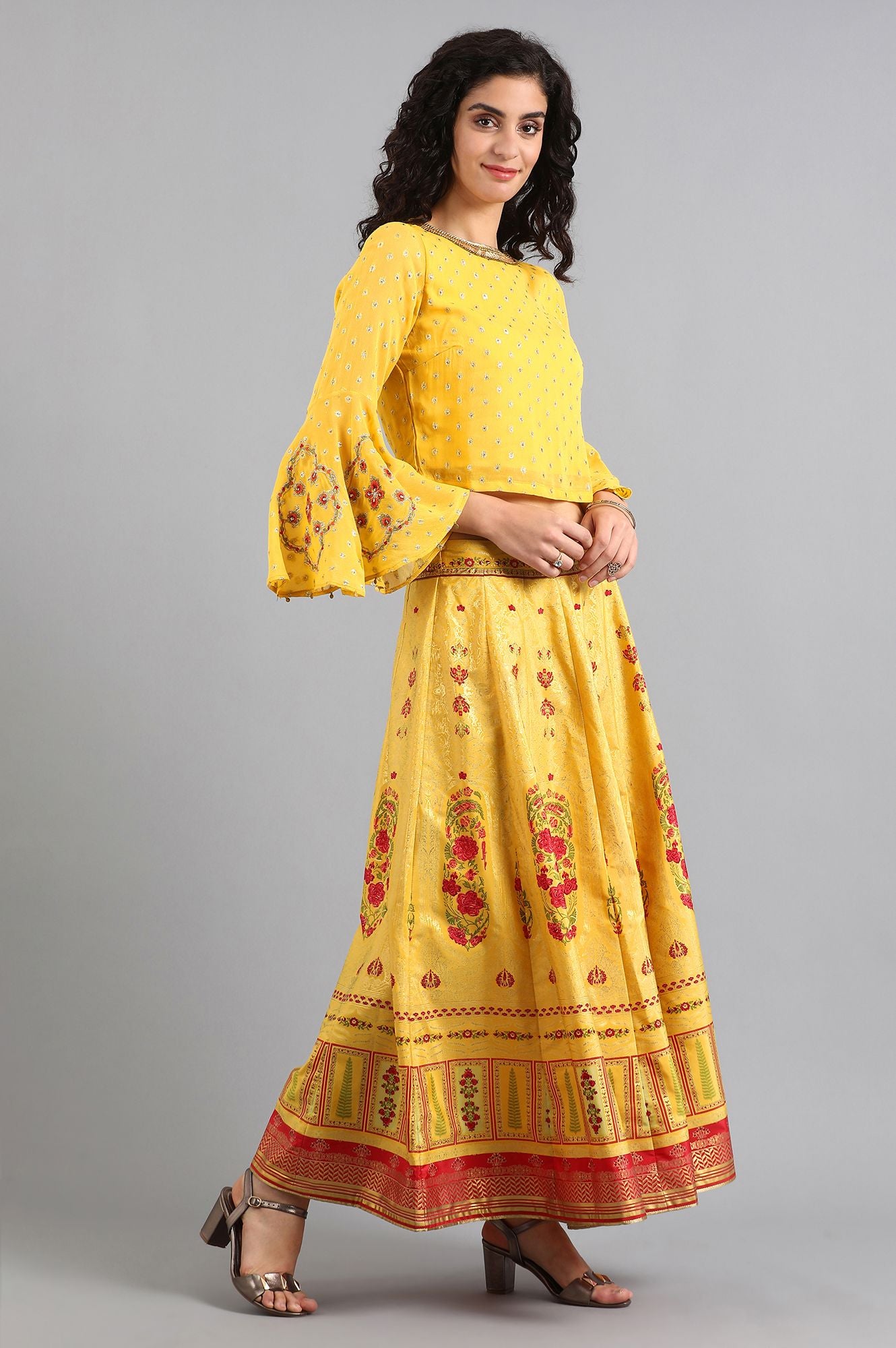 Yellow Round Neck Embellished Set