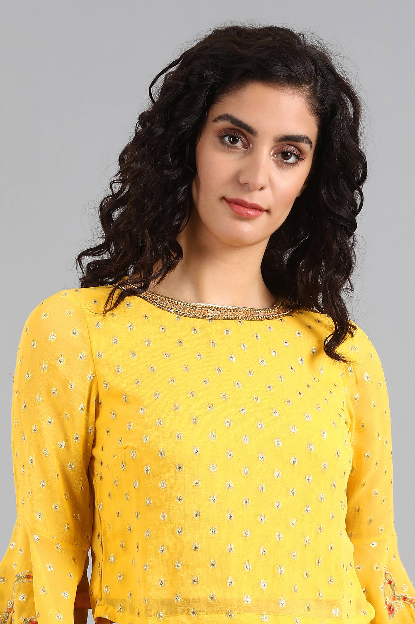 Yellow Round Neck Embellished Set