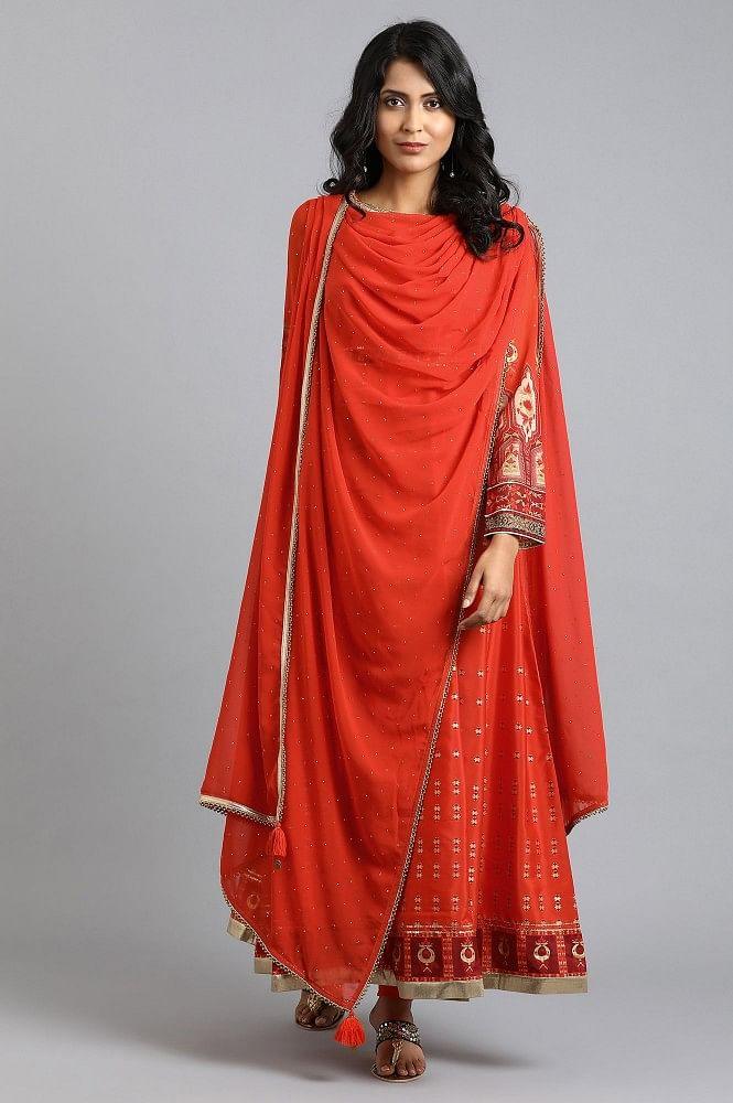 Orange Round Neck kurta Set - wforwoman