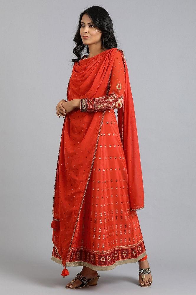 Orange Round Neck kurta Set - wforwoman