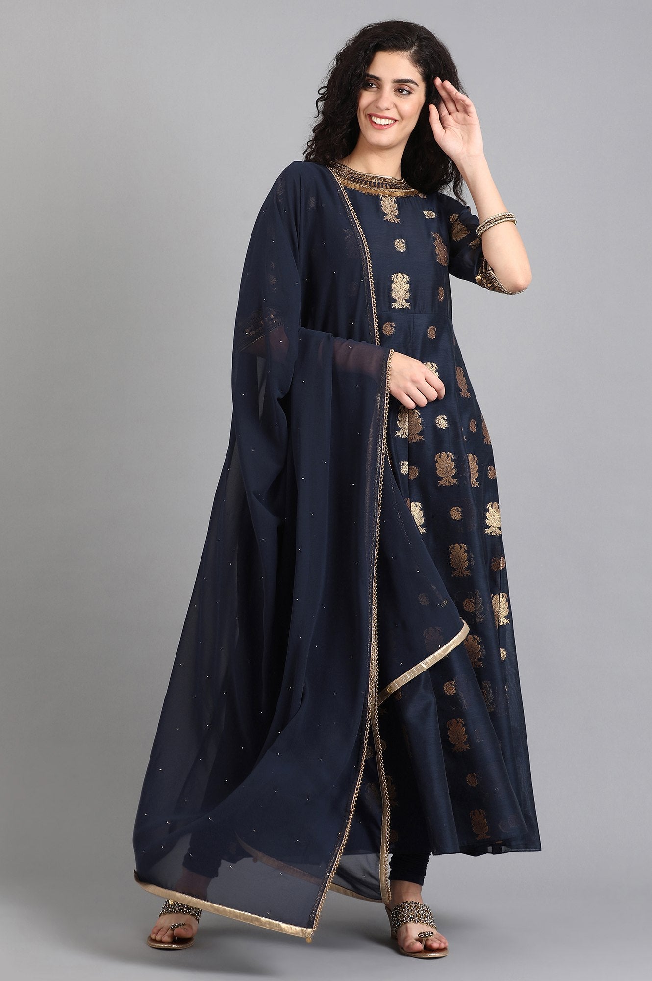 Navy Blue Round Neck Embellished kurta Set