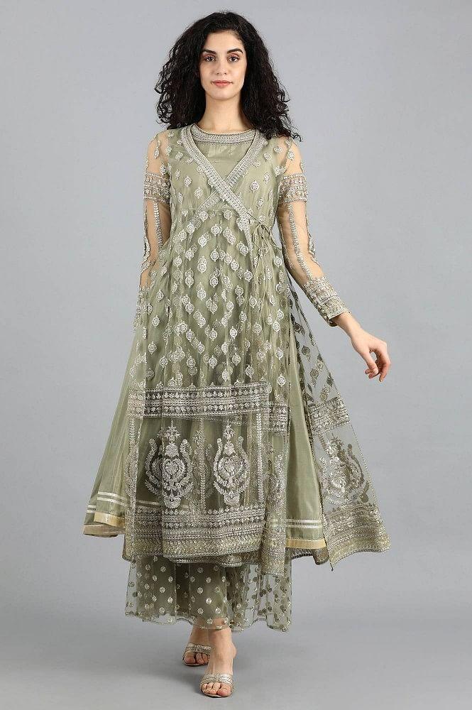 Grey Round Neck Embellished kurta Set - wforwoman