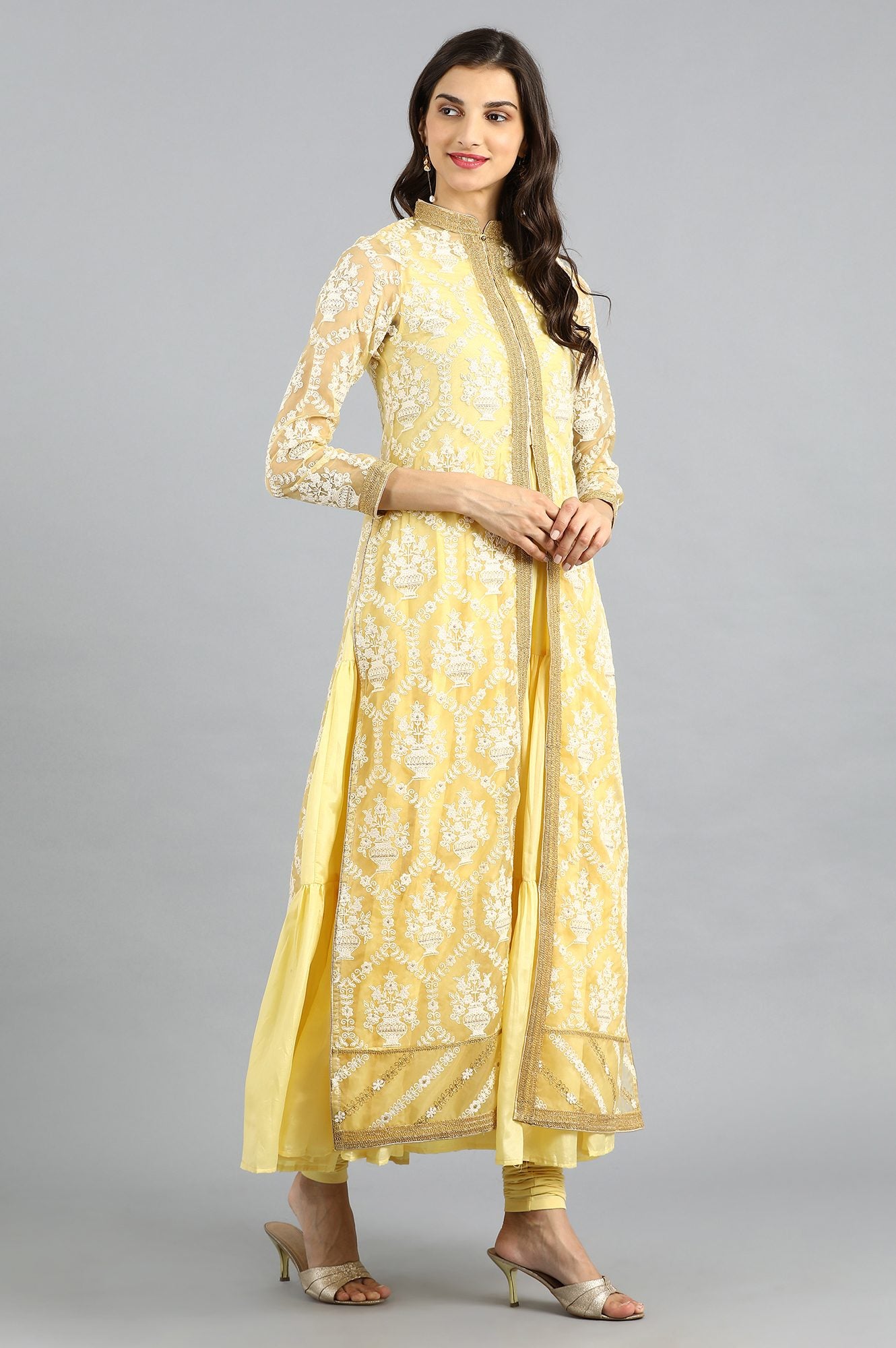 Yellow Mandarin Neck Embellished kurta Set
