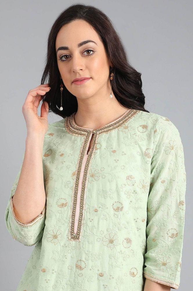 Light Green Round Neck Embellished kurta Set - wforwoman