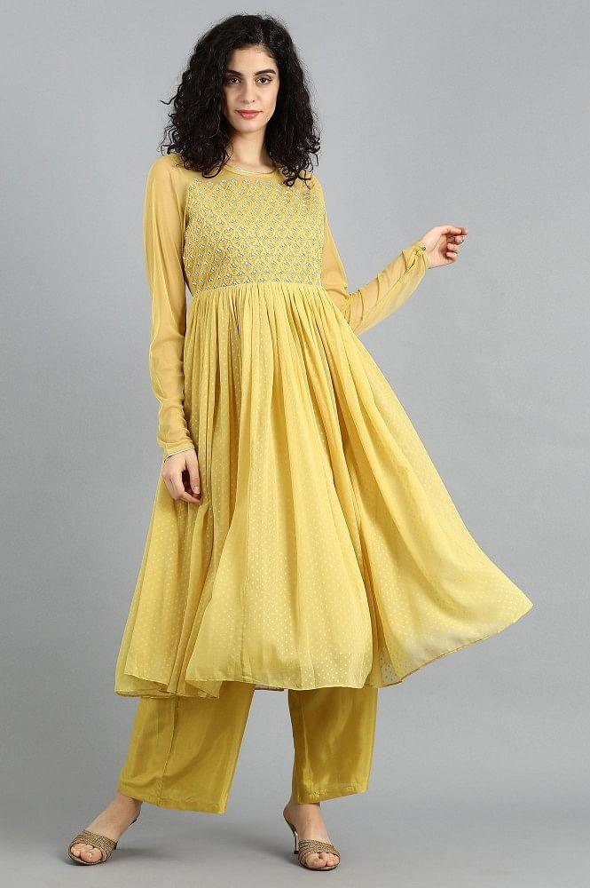 Yellow Round Neck Embellished Set - wforwoman