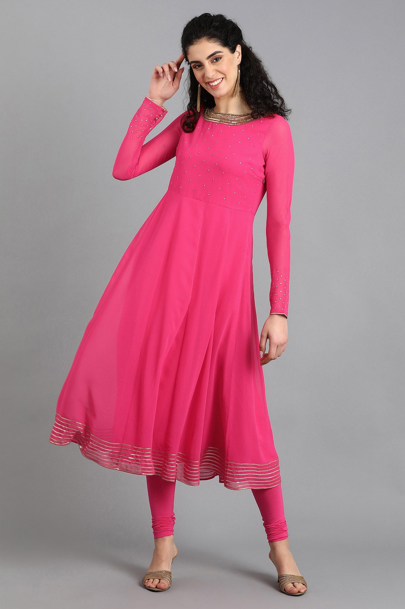 Pink Round Neck Embellished kurta Set