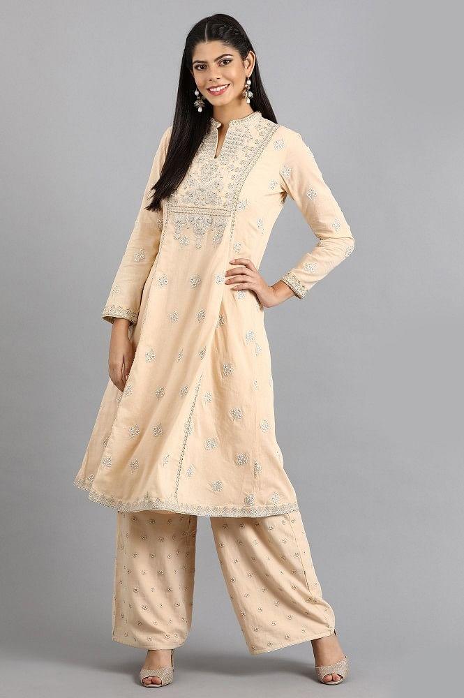 Peach Mandarin Neck Embellished kurta Set - wforwoman