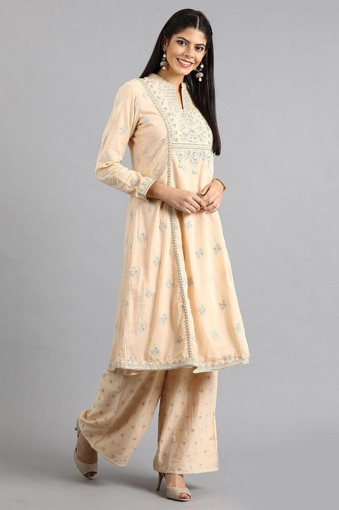 Peach Mandarin Neck Embellished kurta Set - wforwoman