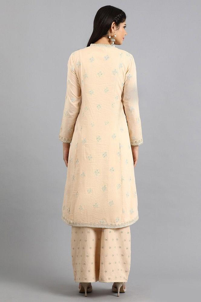 Peach Mandarin Neck Embellished kurta Set - wforwoman