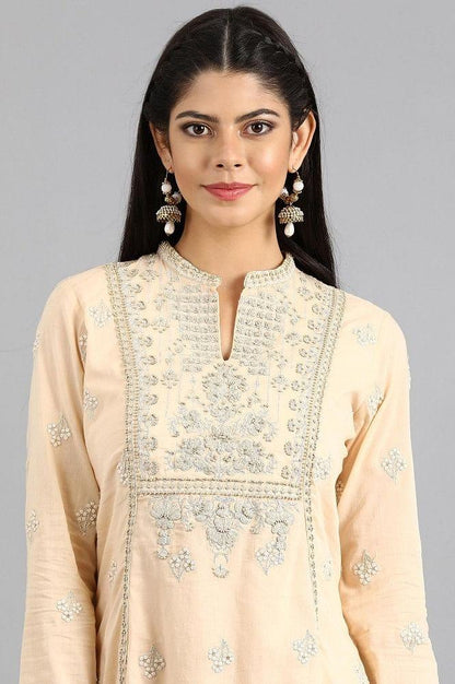 Peach Mandarin Neck Embellished kurta Set - wforwoman