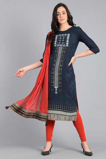 Blue Round Neck Printed kurta