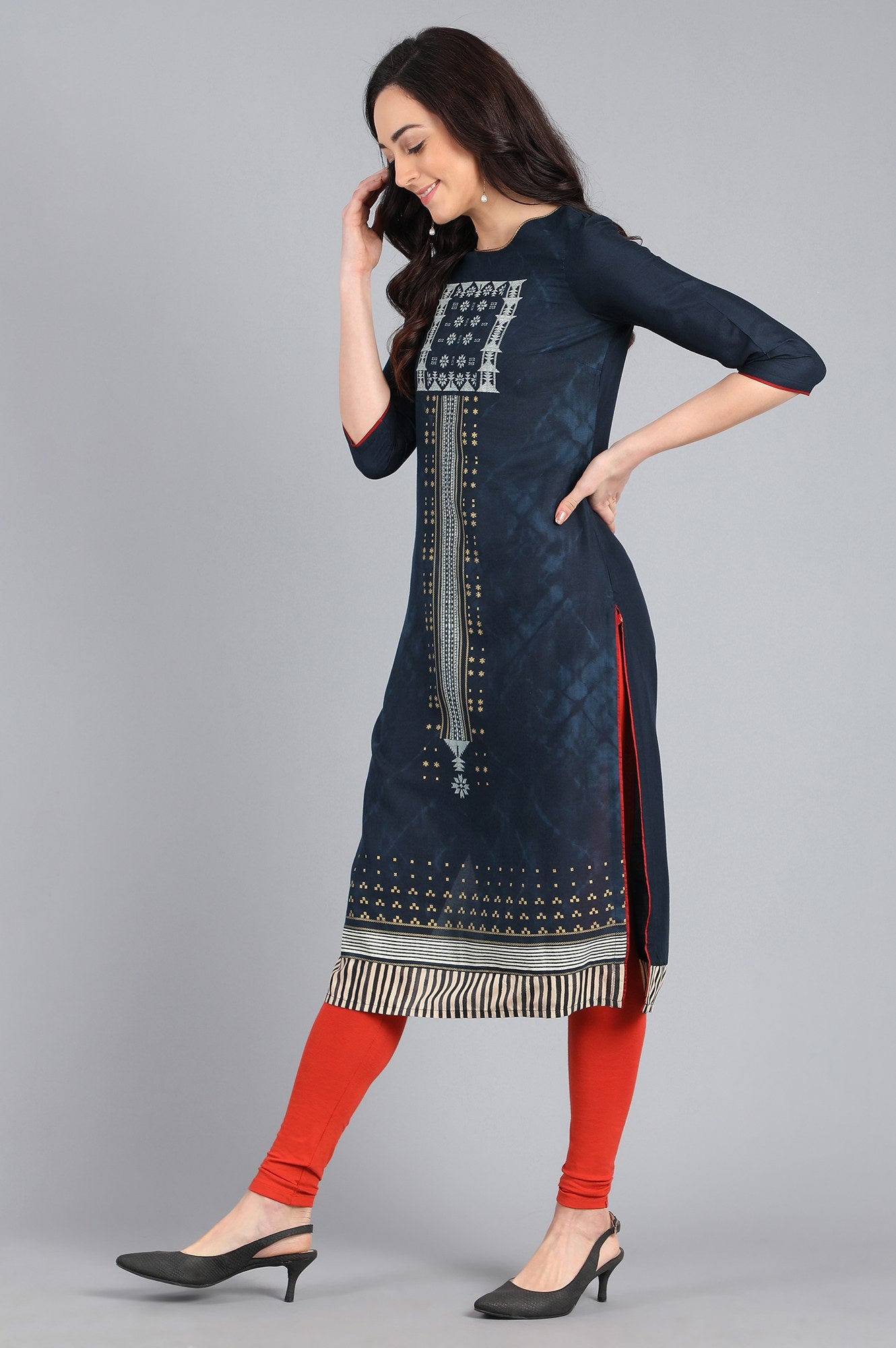 Blue Round Neck Printed kurta