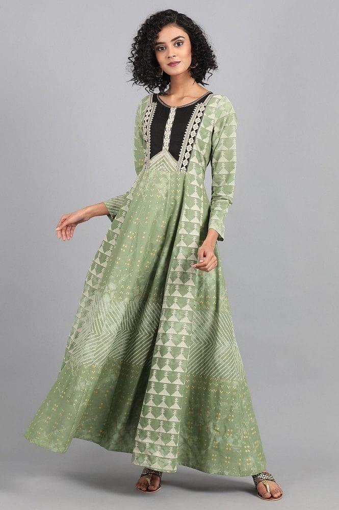 Green Round Neck Printed kurta Dress - wforwoman