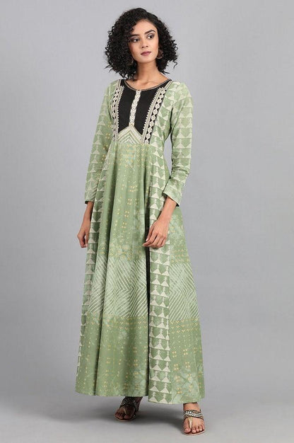 Green Round Neck Printed kurta Dress - wforwoman