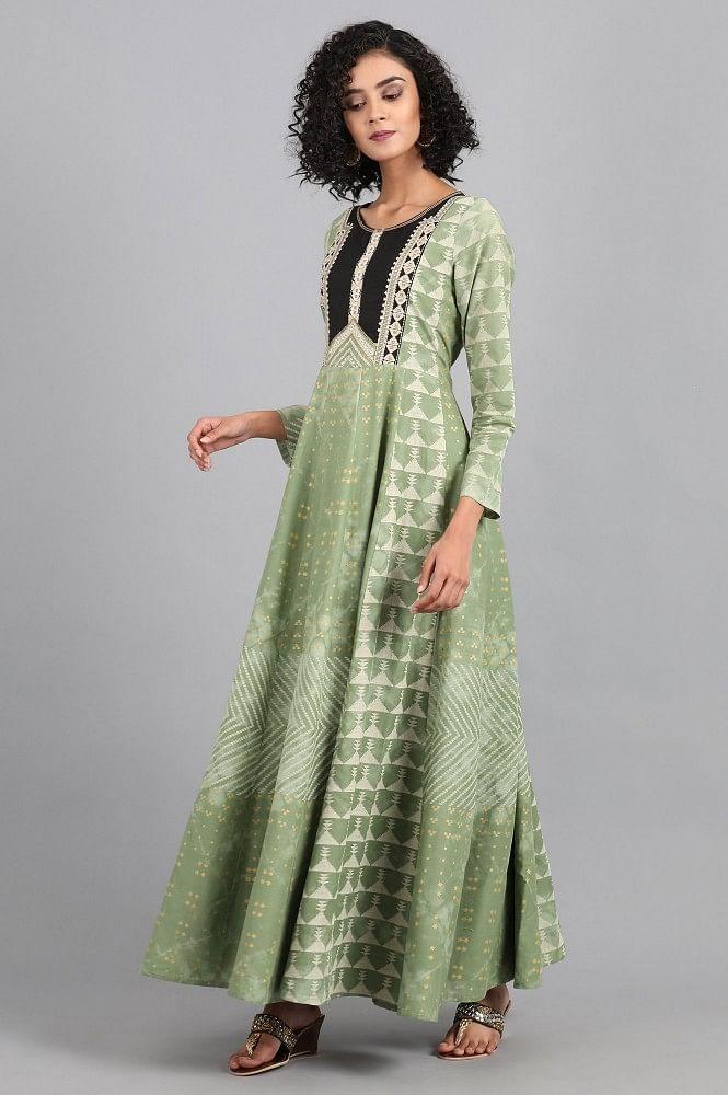 Green Round Neck Printed kurta Dress - wforwoman