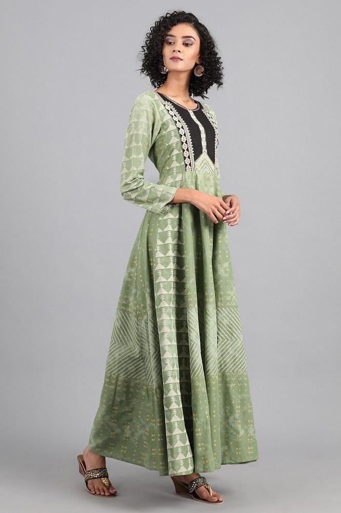 Green Round Neck Printed kurta Dress - wforwoman