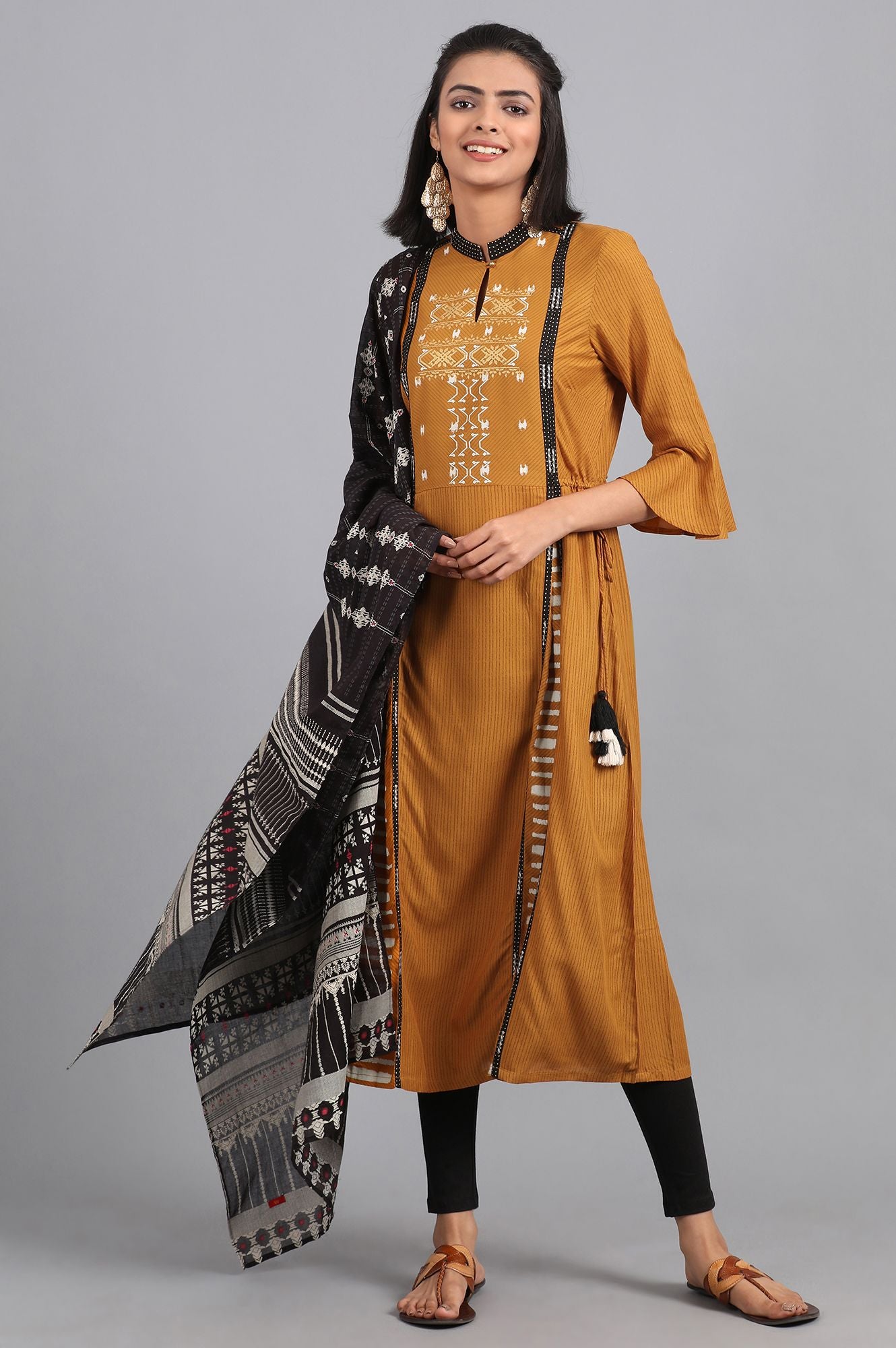 Mustard Mandarin Neck Printed kurta