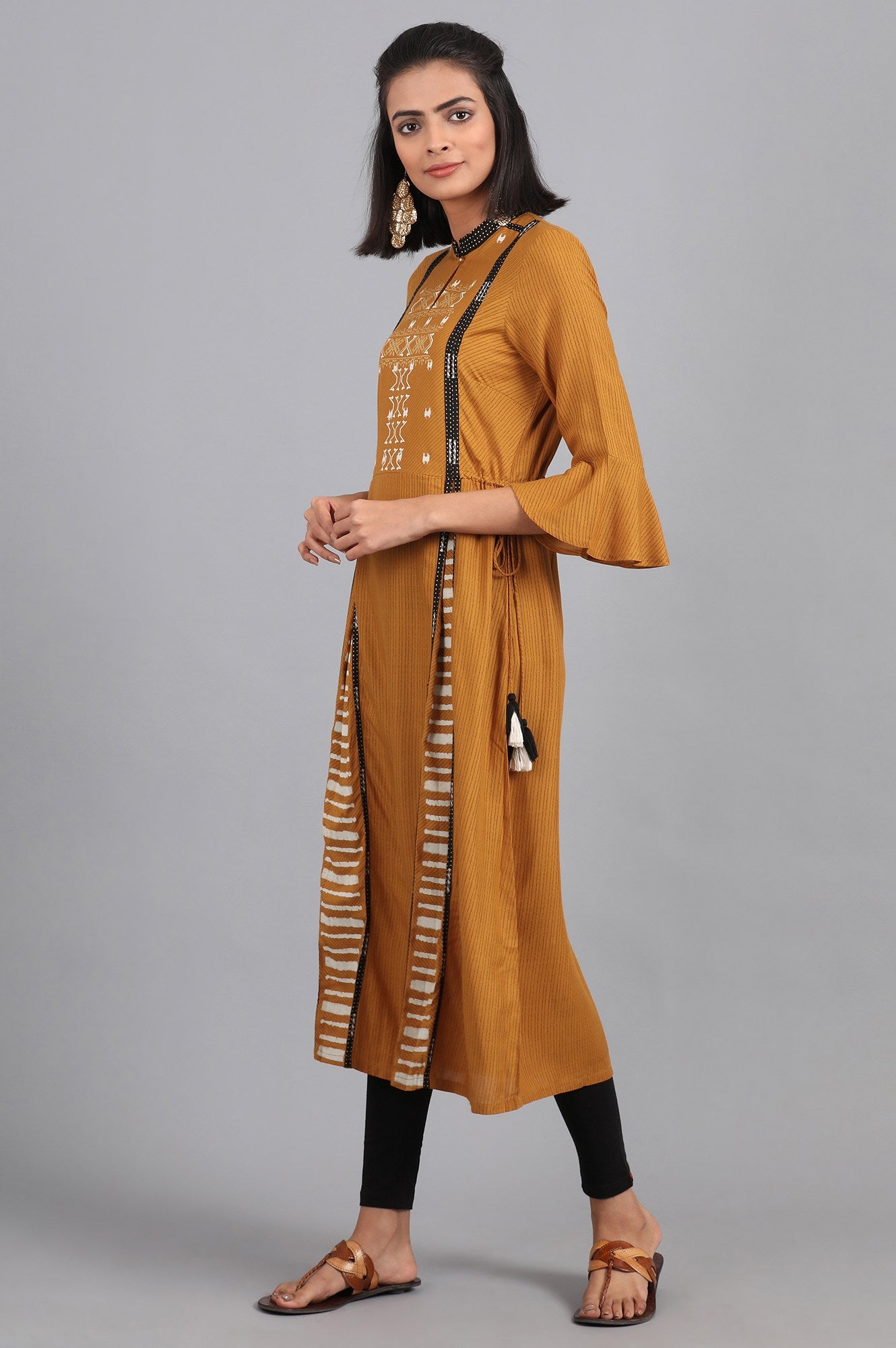 Mustard Mandarin Neck Printed kurta