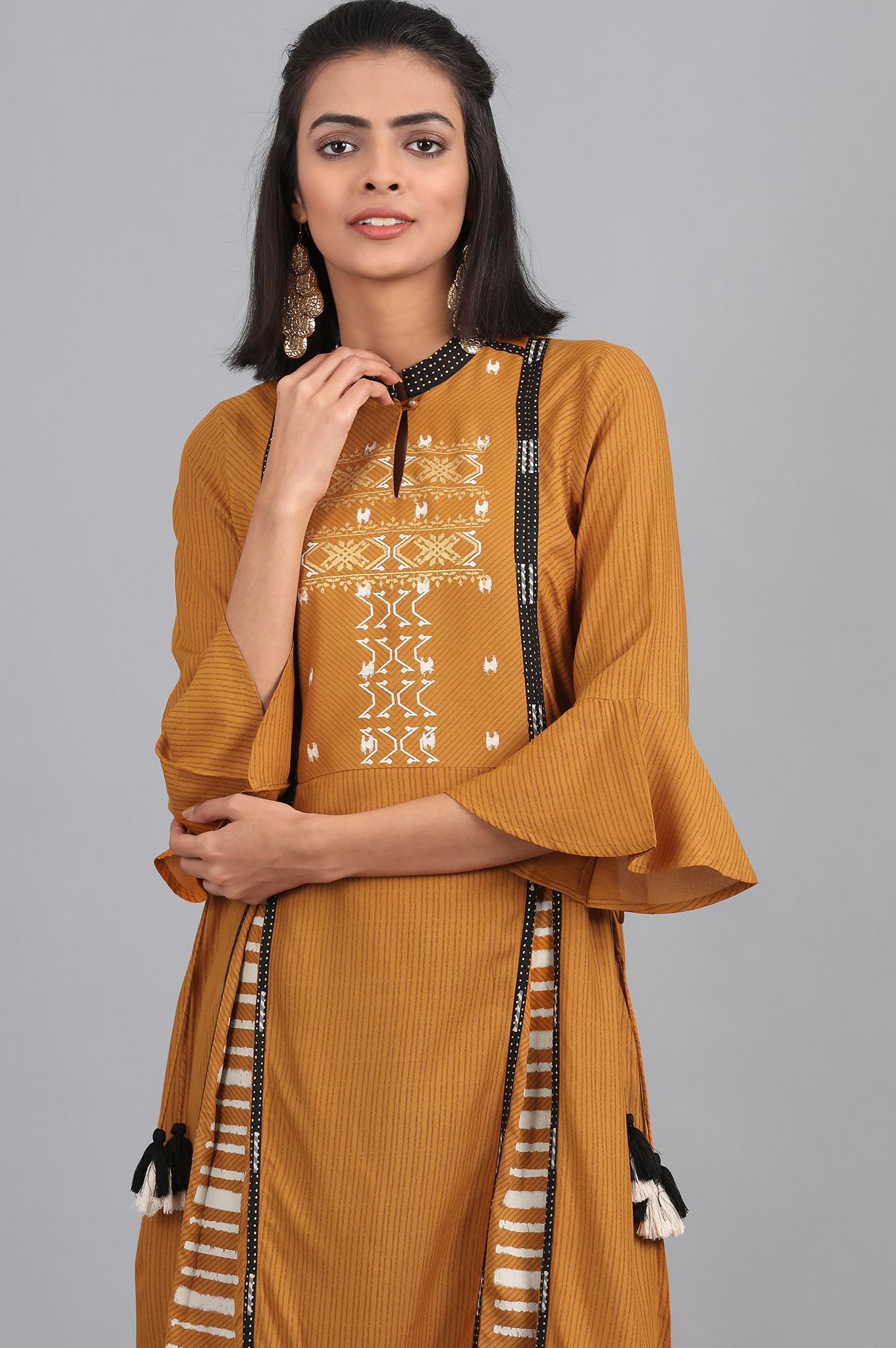 Mustard Mandarin Neck Printed kurta