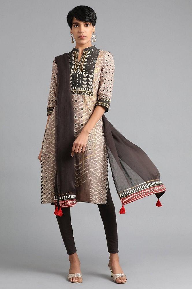 Brown Mandarin Neck Printed kurta - wforwoman