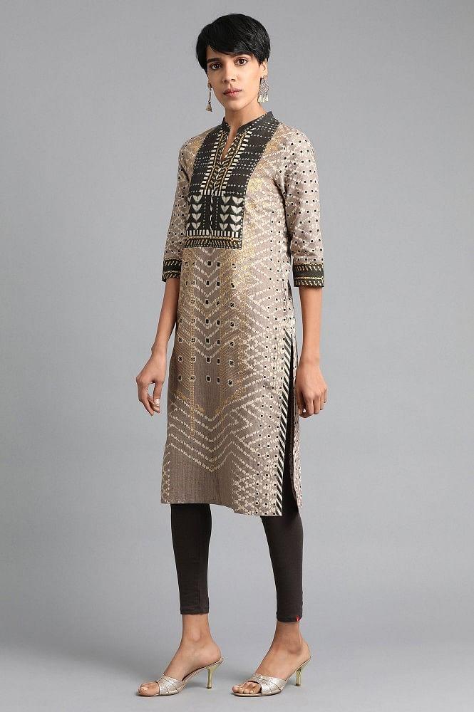 Brown Mandarin Neck Printed kurta - wforwoman