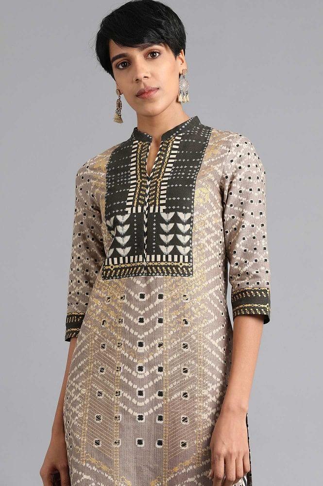 Brown Mandarin Neck Printed kurta - wforwoman