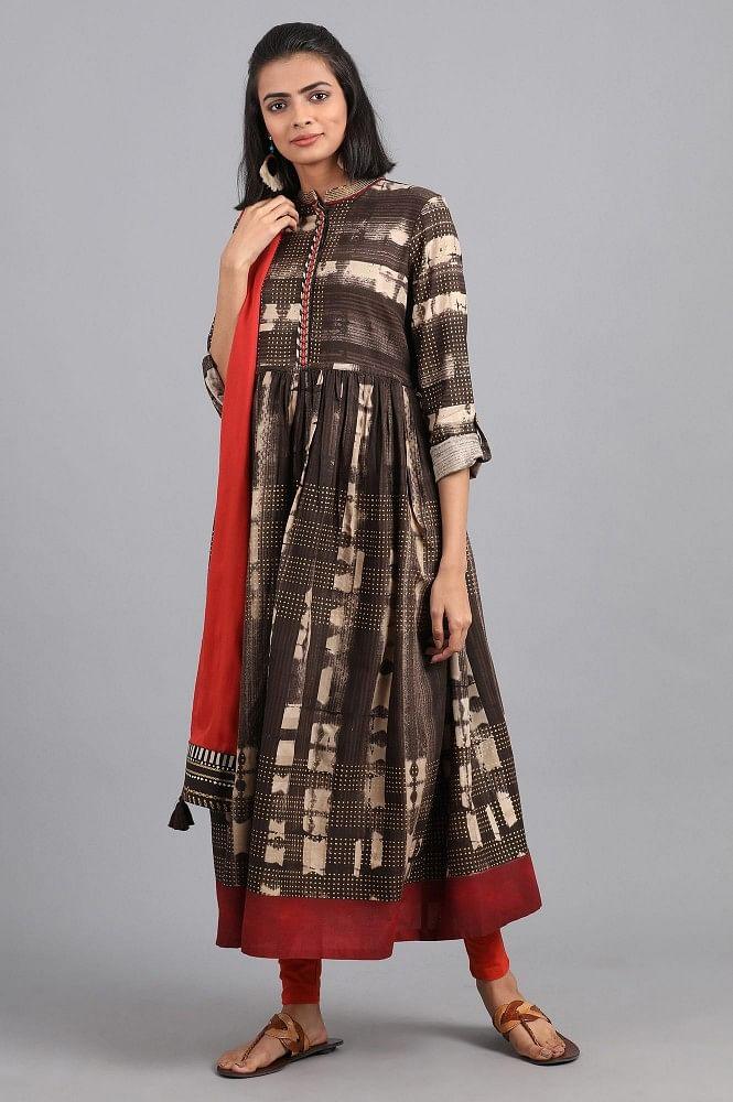 Brown Mandarin Neck Printed kurta - wforwoman