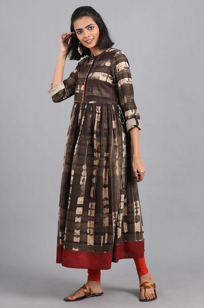 Brown Mandarin Neck Printed kurta - wforwoman