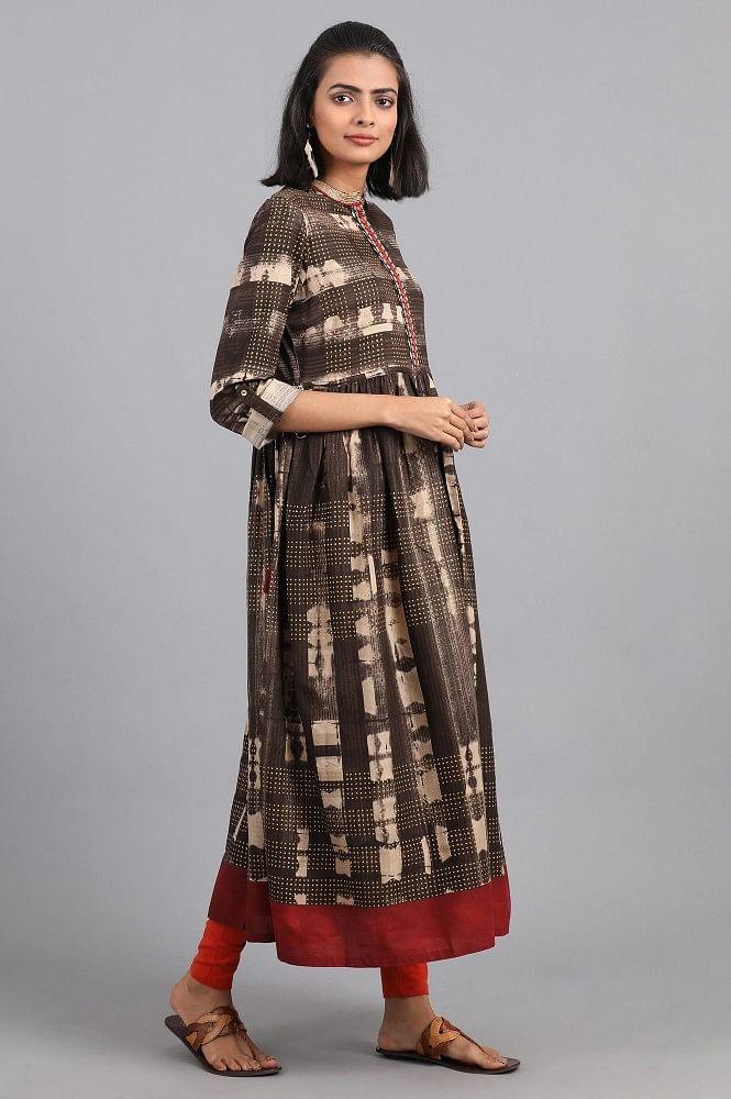 Brown Mandarin Neck Printed kurta - wforwoman