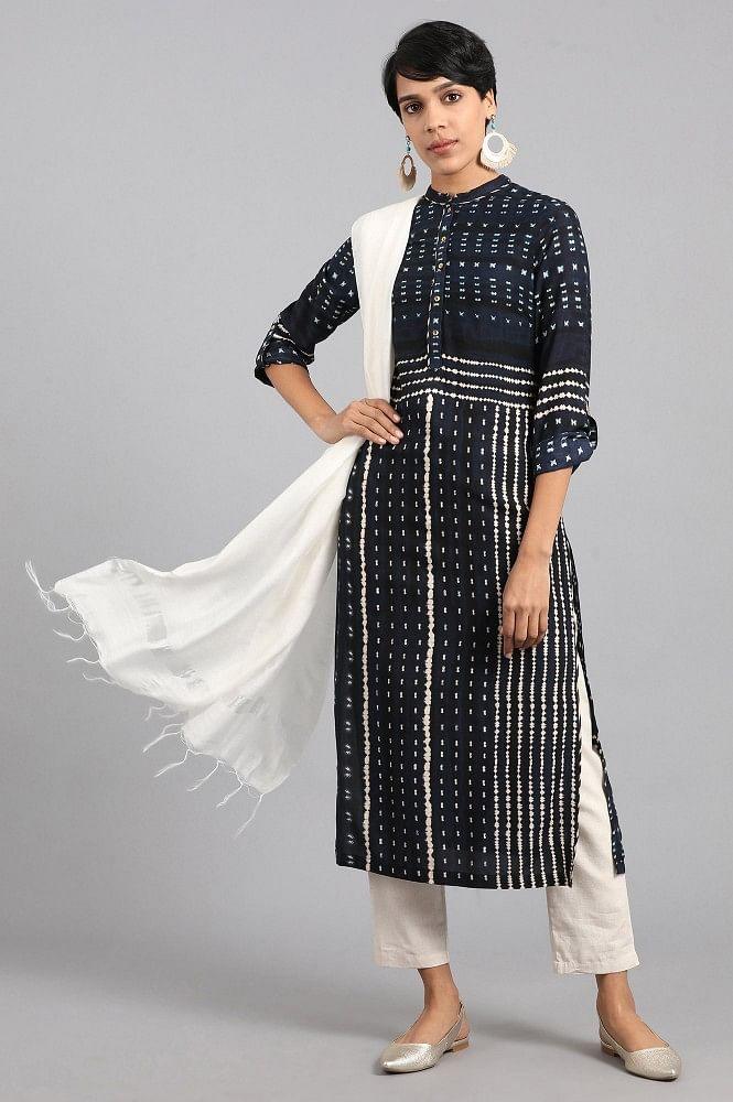 Blue Mandarin Neck Printed kurta - wforwoman