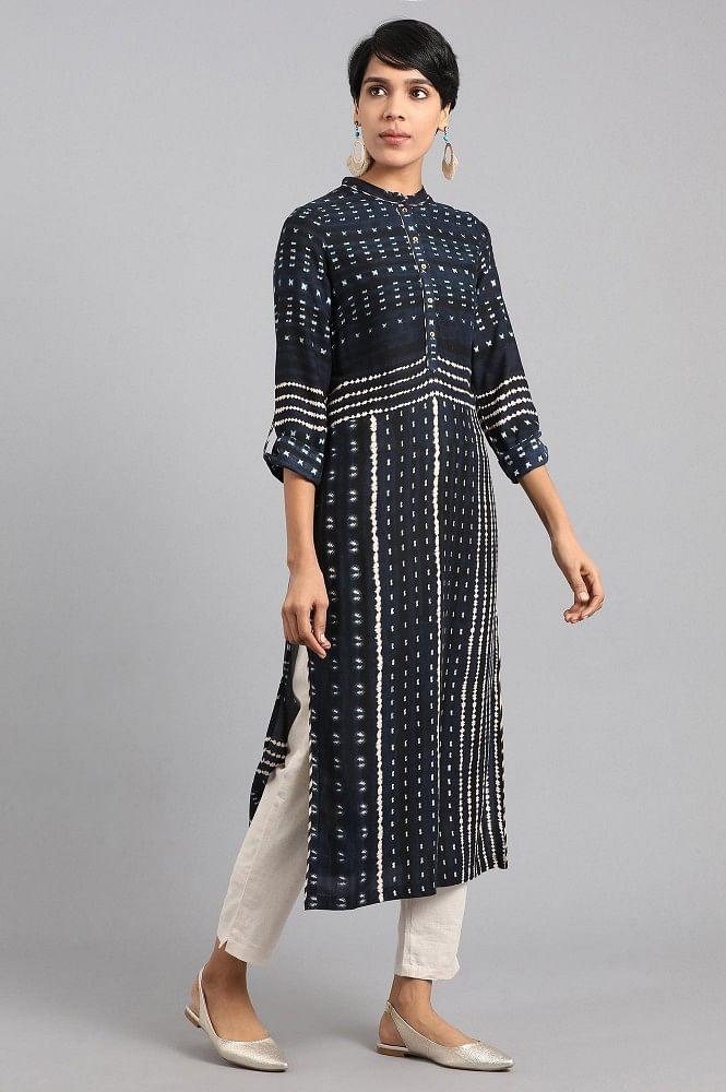 Blue Mandarin Neck Printed kurta - wforwoman