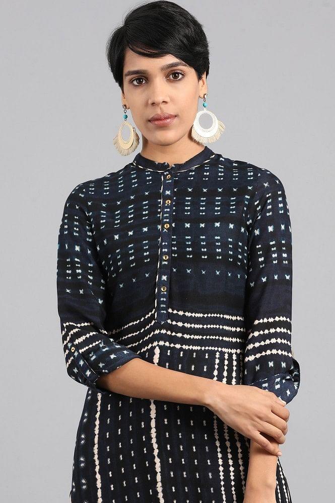 Blue Mandarin Neck Printed kurta - wforwoman