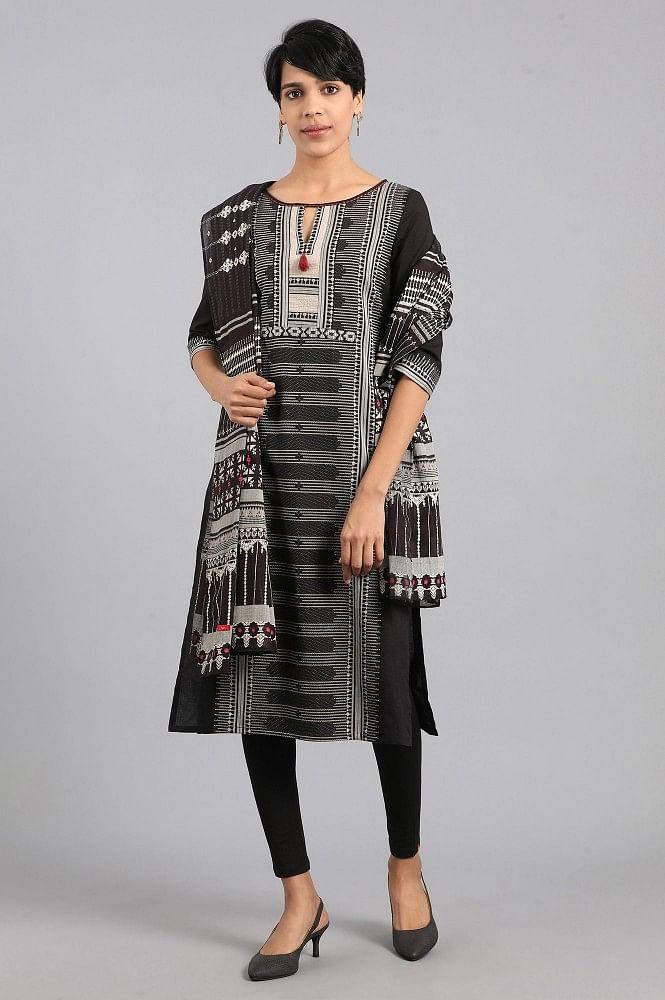 Black Round Neck Printed kurta - wforwoman