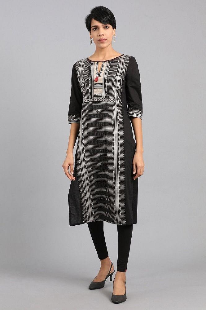 Black Round Neck Printed kurta - wforwoman