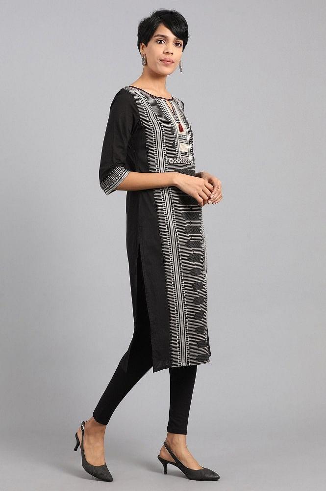 Black Round Neck Printed kurta - wforwoman