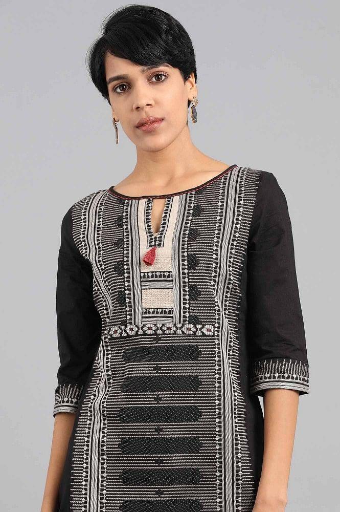 Black Round Neck Printed kurta - wforwoman