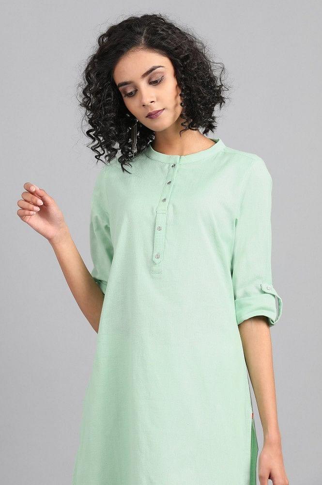 Green Mandarin Neck Solid kurta - wforwoman