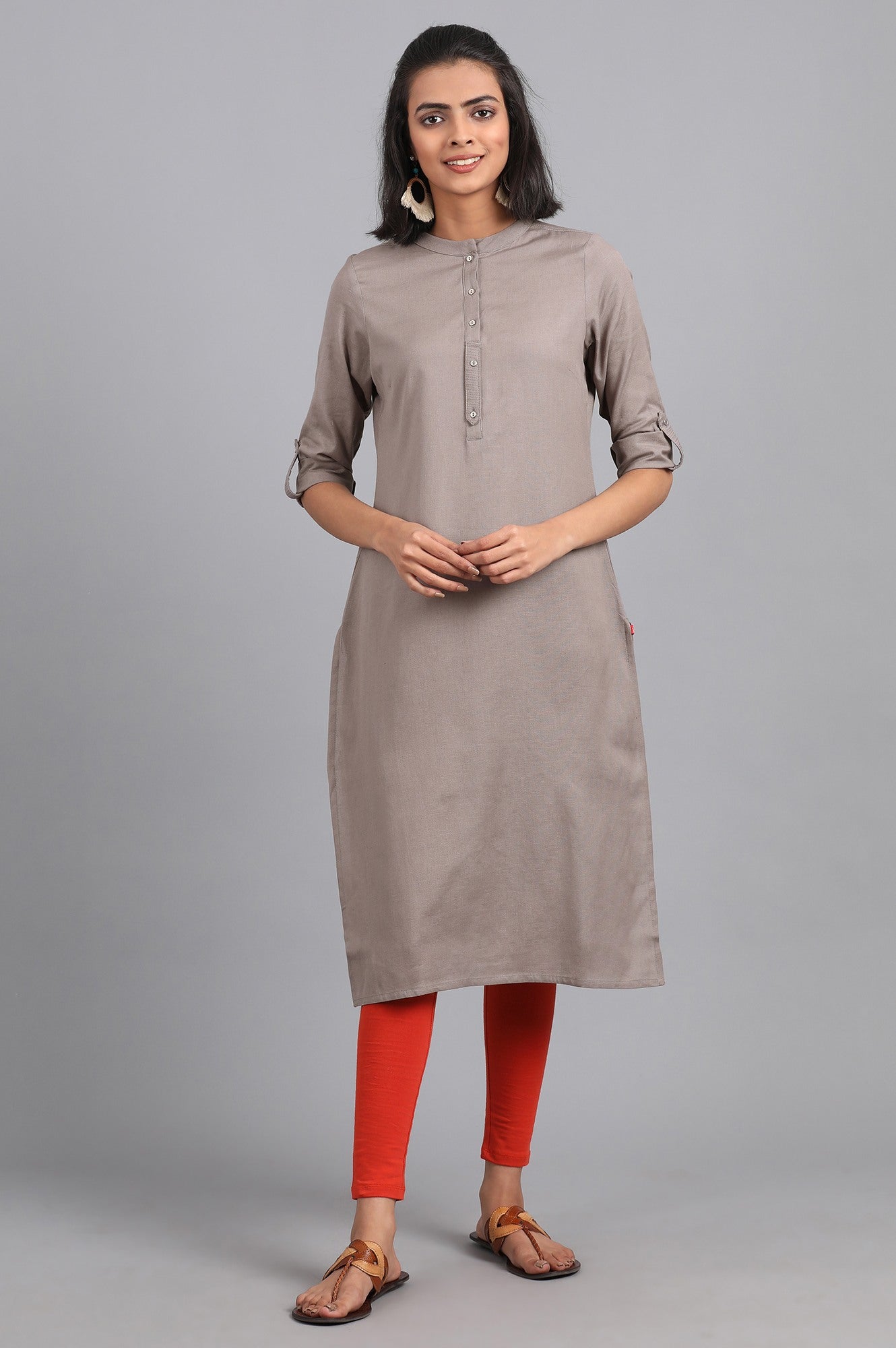 Grey Mandarin Neck Solid kurta