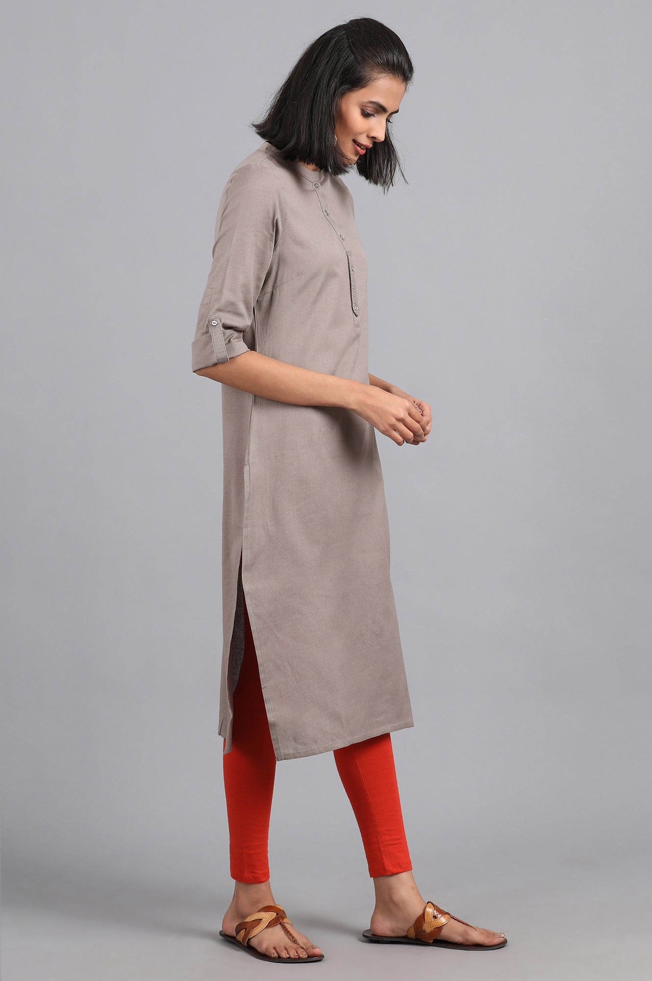 Grey Round Neck Solid kurta