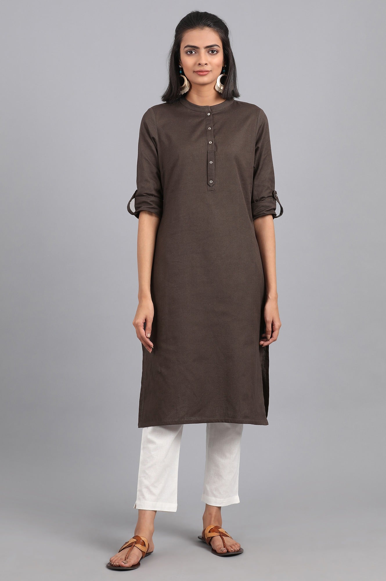 Grey Mandarin Neck Solid kurta