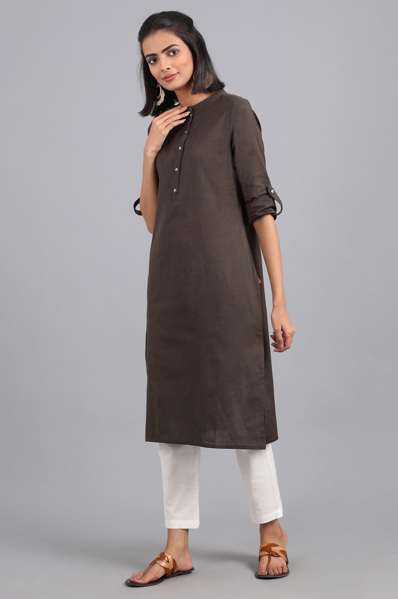 Grey Mandarin Neck Solid kurta