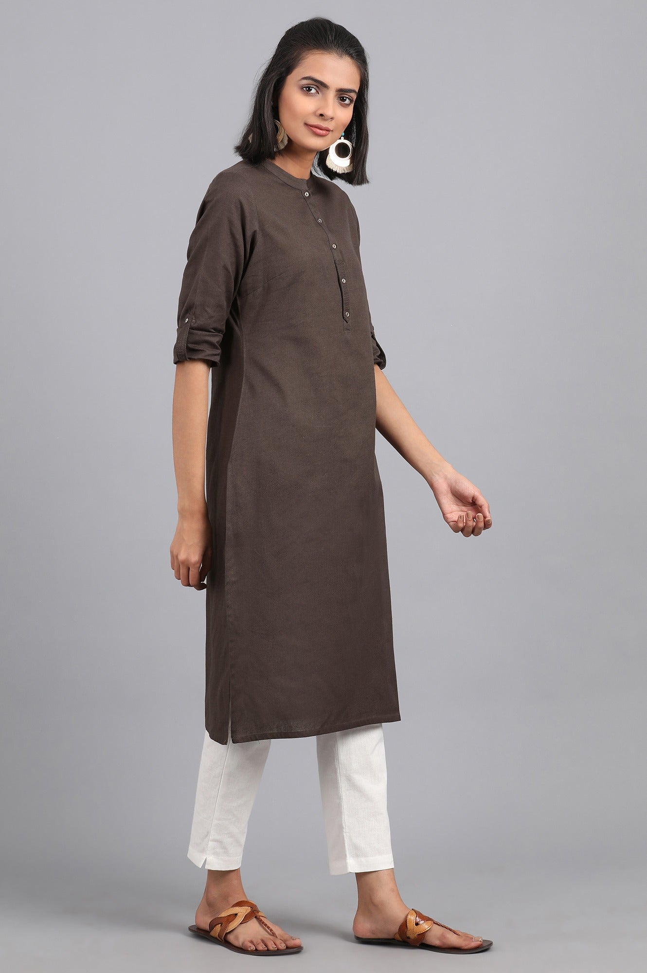 Grey Mandarin Neck Solid kurta