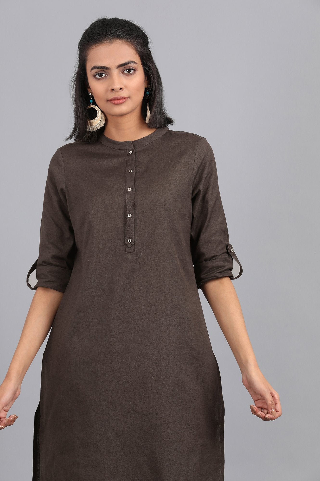 Grey Mandarin Neck Solid kurta