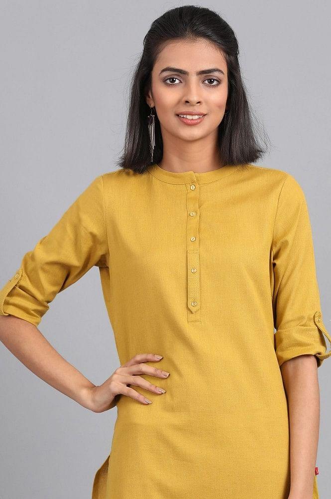 Yellow Mandarin Neck Solid kurta - wforwoman