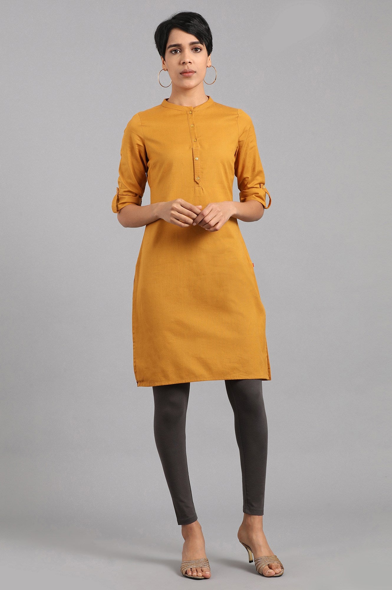 Yellow Mandarin Neck Solid kurta