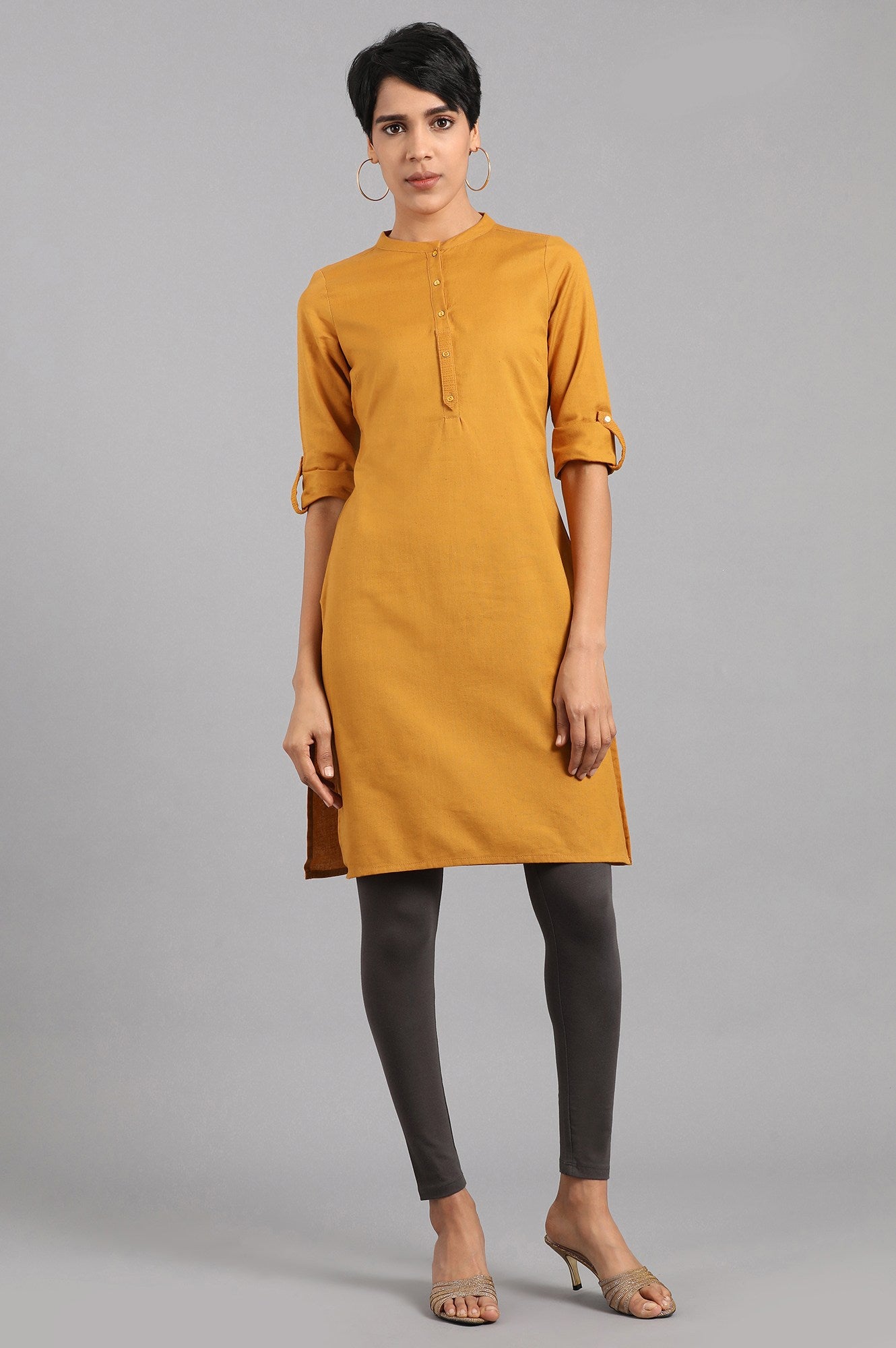 Yellow Mandarin Neck Solid kurta