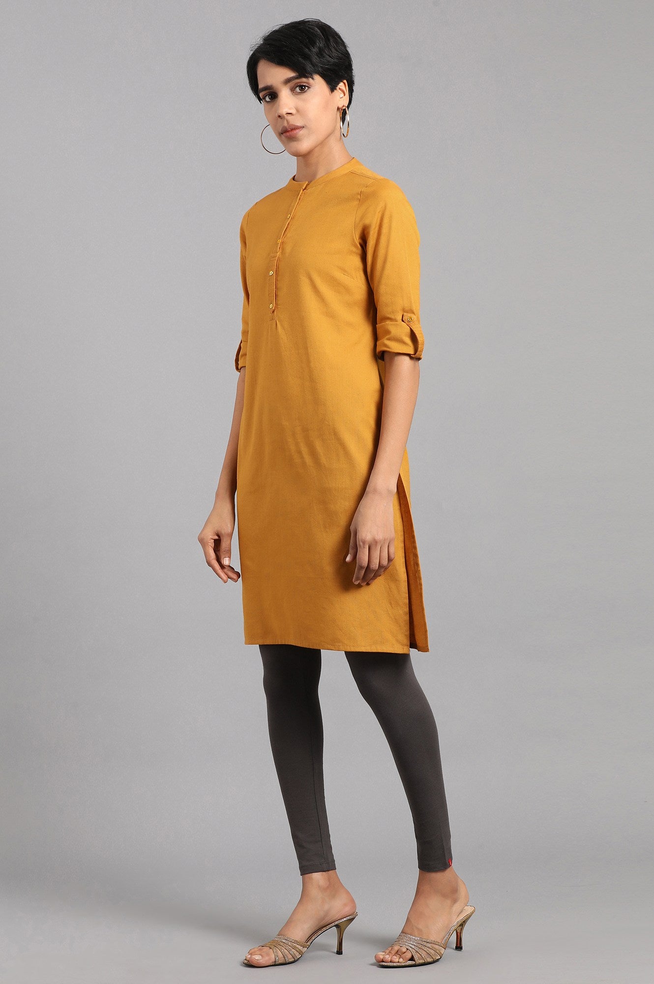 Yellow Mandarin Neck Solid kurta