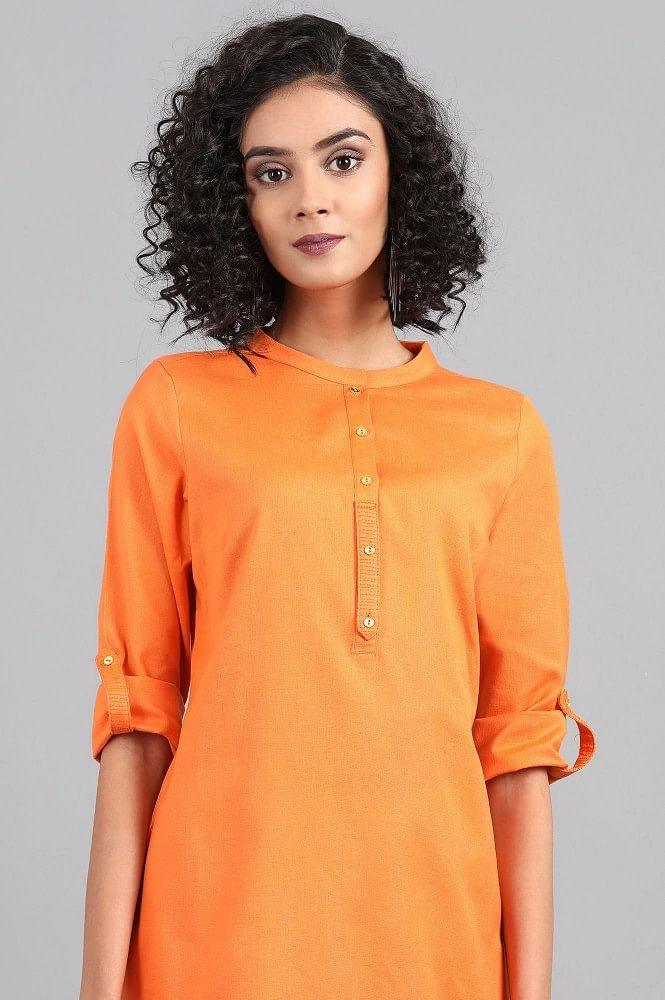 Orange Mandarin Neck Solid kurta - wforwoman