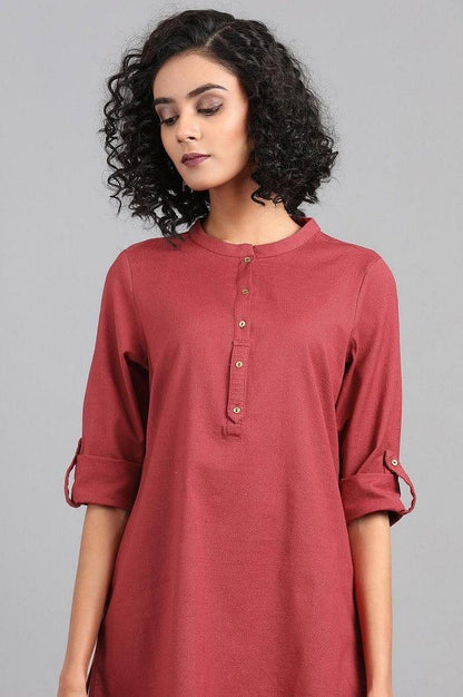 Red Mandarin Neck Solid kurta - wforwoman